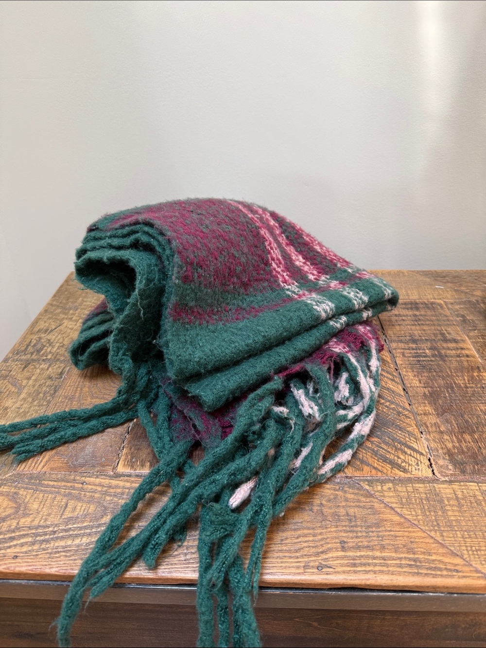 Anthropologie Over Sized Cozy Green & Burgundy Fringe Knit Scarf